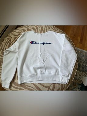 Champion White Crewneck with Blue and Red Script Logo